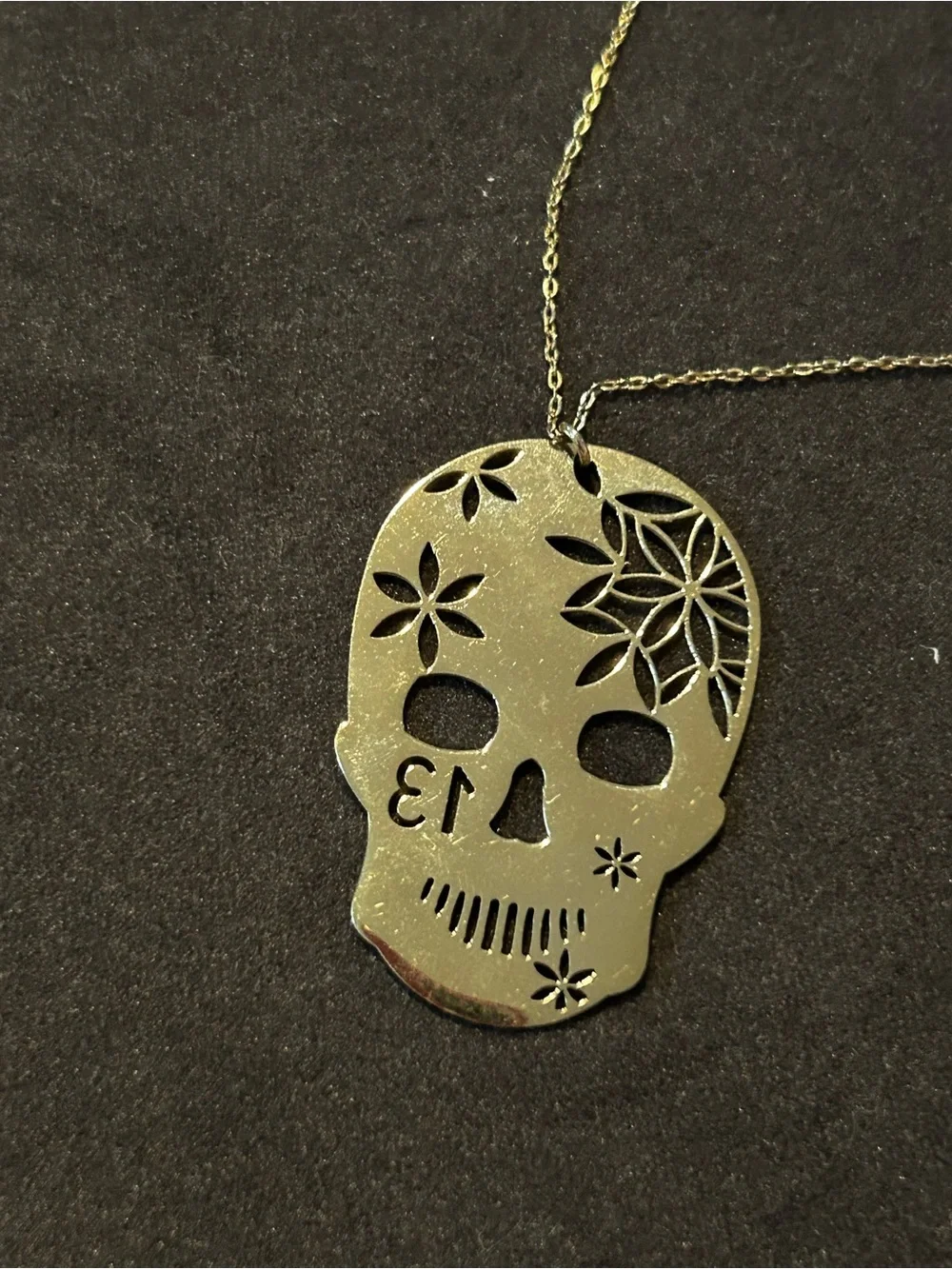 Source Unknown Gold-Tone Floral Skull Pendant Necklace